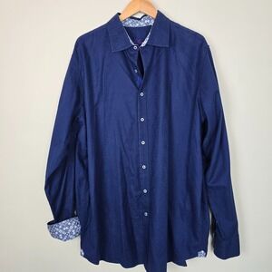 Robert Graham Mens Blue Jacquard Button Shirt 1XLT Contrast Trim